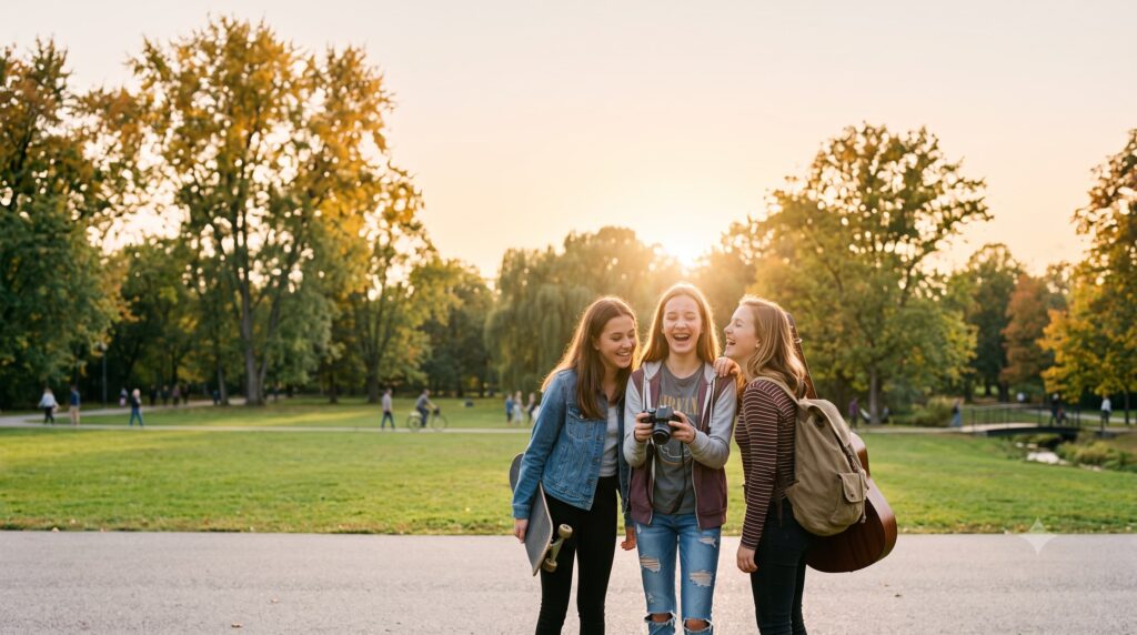 adolescentes na puberdade sorrindo ao ar livre